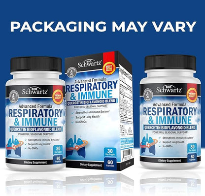 Respiratory & Immune Lung Support Supplement with Quercetin, Vitamin D & Cordyceps, Helps Soothe Respiratory Tissues While Loosening Mucus, Lung Health Vitamins for Women & Men, 60 Capsules