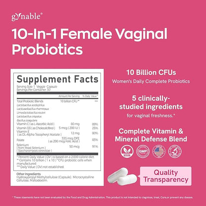 Gynable Vaginal Probiotics for Women Odor & Itch Support, Urinary | pH Balance, Female Probiotics 10 Billion CFU Lactobacillus Probiotics Blend,Selenium-Vitamin C/E/D3 Promote Immune Health,60 Count