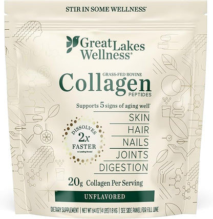 Great Lakes Wellness Collagen Peptides Powder – Supports Skin, Hair, Nails, Joints & Digestion – Hydrolyzed, Quick Dissolve, Non-GMO, Keto & Kosher – Pure Collagen Protein (64 oz, 90 Servings)