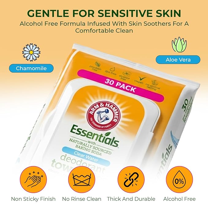 Arm and Hammer 3 Pack Face and Body Wipes for Adults - Deodorant Towelettes 90 Sheets for Women - Shower Wipes for Traveling, Camping, Gym, and Bathing - Alcohol-Free Face Sheets (Simply Fresh)