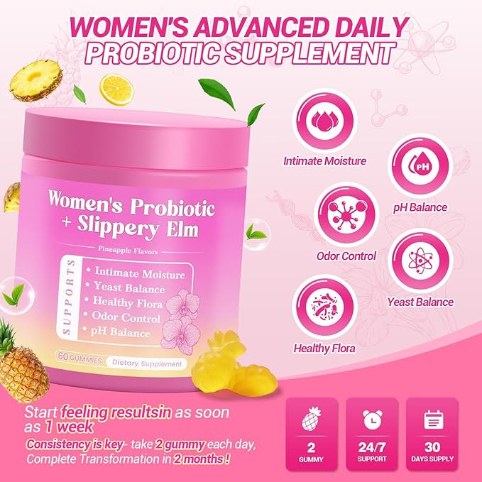 Her Juicy Feminine Probiotics Gummies, Premium Feminine Balance Gummies with Slippery Elm for Women's pH Balance, Healthy Odor, Flora and Immune Support 30-Day Supply
