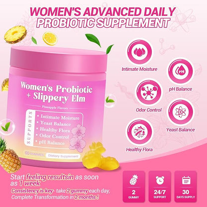 Her Juicy Feminine Probiotics Gummies, Premium Feminine Balance Gummies with Slippery Elm for Women's pH Balance, Healthy Odor, Flora and Immune Support 30-Day Supply