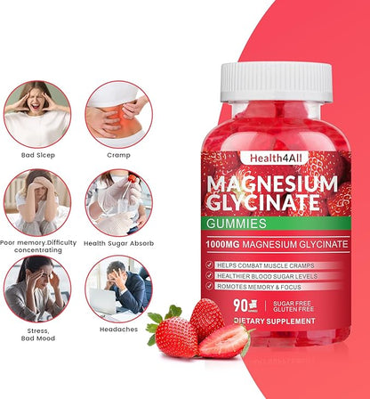 Magnesium Glycinate Gummies 1000mg, High Absorption Sugar Free Magnesium Potassium Supplement for Relaxation, Stress Relief, and Sleep Support for Adults & Kids - 180 Strawberry Gummies