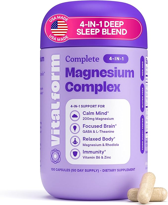 Magnesium Glycinate Sleep Complex – Non-Habit Forming Support with L-Theanine, GABA, Zinc & Rhodiola – Promotes Relaxation, Calm & Muscle Recovery – Non-Melatonin – 100 Capsules
