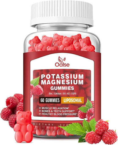 Liposomal Potassium Magnesium Gummies for Adults Kids, High Absorption Potassium Citrate 200mg Magnesium Glycinate 400mg, Vitamin B6 Chewable Supplements for Leg Cramps & Muscle, Raspberry, 60 Count