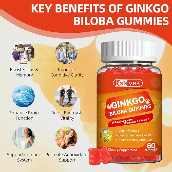 2 Pack Ginkgo Biloba Gummies with Ashwagandha, Vitamin C & Magnesium - Vegan, Non-GMO, Gluten-Free - Raspberry Flavor, 120 Count