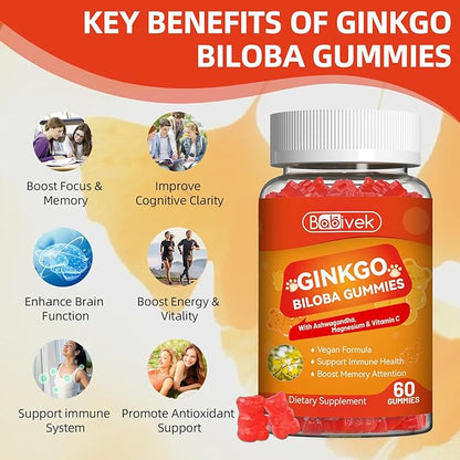 2 Pack Ginkgo Biloba Gummies with Ashwagandha, Vitamin C & Magnesium - Vegan, Non-GMO, Gluten-Free - Raspberry Flavor, 120 Count
