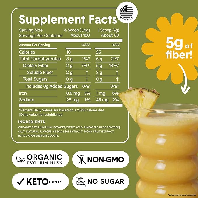 Bellway Super Fiber Powder + Fruit, Sugar Free Organic Psyllium Husk Powder Fiber Supplement for Regularity, Bloating Relief & Digestive Health, Plant-Based, Pineapple Passion Fruit (50 Servings)