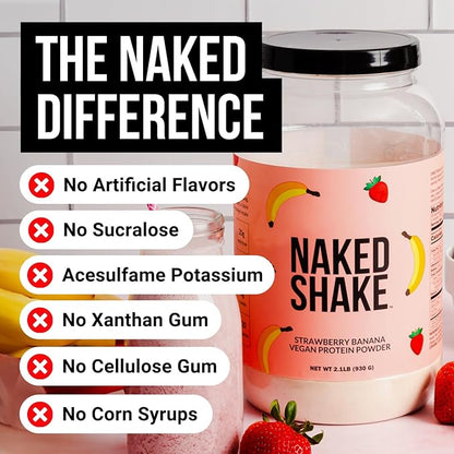 NAKED Shake - Vegan Protein Powder, Strawberry Banana - Flavored Plant Based Protein with Mct Oil, NSF Certified, Gluten-Free, Soy-Free, No Gmos Or Artificial Sweeteners - 30 Servings