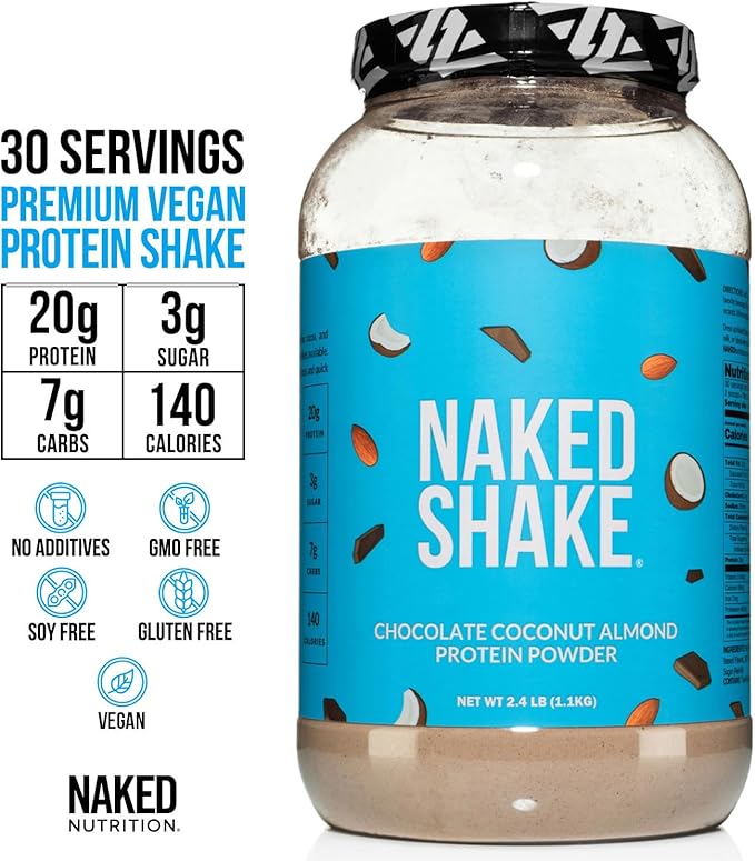 NAKED Shake - Chocolate Coconut Almond Protein Powder - Flavored Plant Based Protein from US & Canadian Farms with MCT Oil, Gluten-Free, Soy-Free, No GMOs or Artificial Sweeteners - 30 Servings
