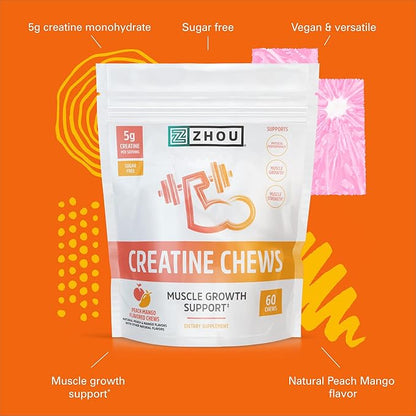 ZHOU Creatine Chews - Creatine Monohydrate Gummies for Men & Women with Vitamin B12, Sugar Free, Vegan, Organic, Non GMO, 5g Per Serving - Peach Mango Flavor, 20 Servings, 60 Chews