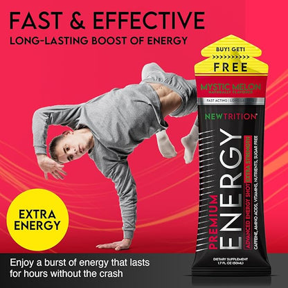 NewTrition® Extra Strength Energy Shots, 1.7 fl oz - 250mg Caffeine with Vitamin B & Amino Acids, Sugar-Free, Zero Calorie Vitamin Energy Drink for Focus & Endurance (Pack of 6, Mystic Melon)