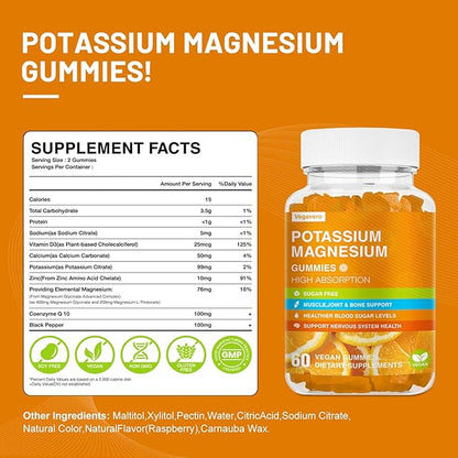 Potassium Magnesium Gummies - Magnesium Glycinate B6,D3 & Potassium Citrate for Leg Cramps,Muscle,Electroyte for Adults Kids,Sugar-Free - 60 Orange Gummies