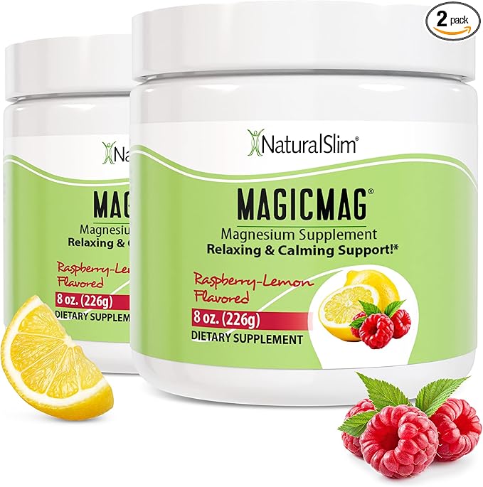 NaturalSlim Magicmag Pure Magnesium Citrate Powder Stress, Constipation, Muscle, Heart Health, and Sleep Support | Raspberry Lemon Magnesium Supplement - 8oz Drink Mix (2 Pack)