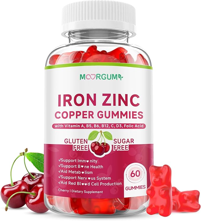 Iron, Zinc, Copper Supplements for Women & Men, Mineral Gummies with Vitamin A, B5, B6, C, D3, B12 for Adults & Kids, Promote Energy, Support Immunity, Bone Health, Sugar Free, Cherry Flavor, 60 Count