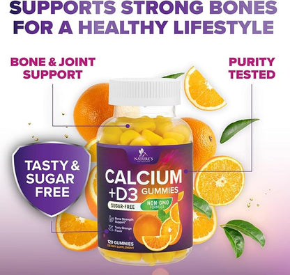 Calcium Supplement Gummies - Sugar Free Calcium Gummy with Vitamin D3 for Best Absorption - Supports Immune Health, Bones & Teeth - Nature's Calcium Chews for Women & Men, Orange Flavor - 120 Gummies