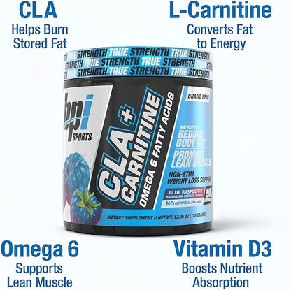 BPI Sports CLA+Carnitine – CLA L Carnitine & Linoleic Acid – L Carnitine Supplement for Weight Loss, Metabolism & Lean Muscle – Caffeine Free – Blue Raspberry – 50 Servings – 12.34 oz