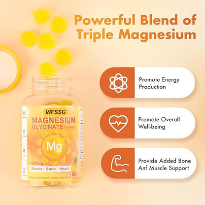 VIFSSG Magnesium Glycinate Gummies 500 Mg, Triple Magnesium Complex Sugar-Free Gummies with Malate 400 Mg, Citrate 400 Mg, Magnesium Supplement Chewable for Women & Men Vegan, Organic 60 Count