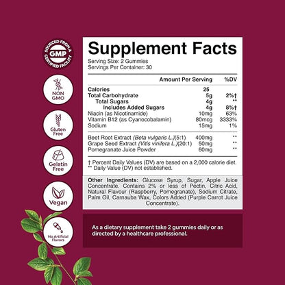 Flow Boosting Beet Root Gummies - Invigorating Beet Gummies for Adults Nitric Oxide Energy & Heart Health Support with Grapeseed Pomegranate & Vitamin B12 - Vegan Non-GMO & Gluten Free - 60 Count