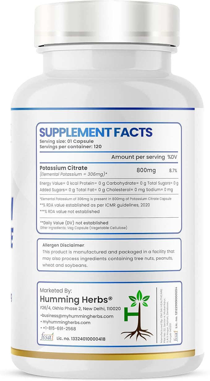 Potassium Citrate 800 mg (306 mg Elemental Potassium) – Electrolyte & pH Balance Support – Vegan, Non-GMO - 120 Capsules