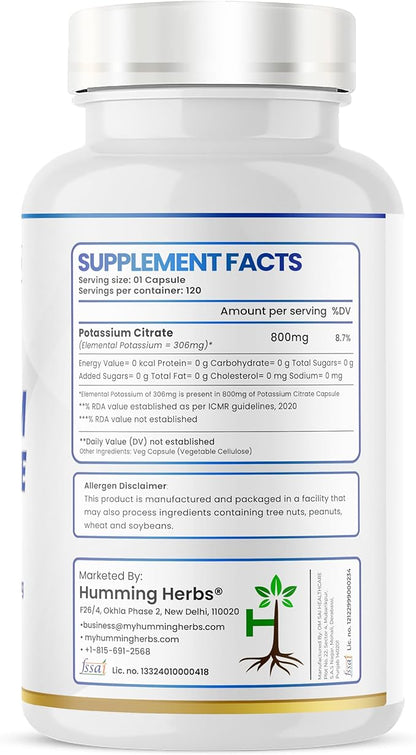 Potassium Citrate 800 mg (306 mg Elemental Potassium) – Electrolyte & pH Balance Support – Vegan, Non-GMO - 120 Capsules