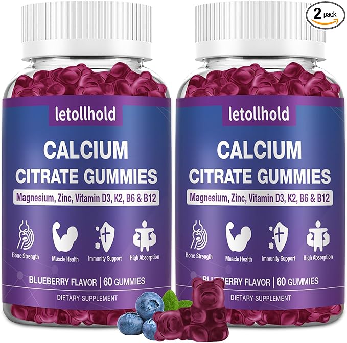 Calcium Citrate Gummies - 1200mg Calcium Gummies with Magnesium Zinc Vitamin D3,K2, B6, B12 for Bone, Muscle, Joints, Immune Support, High Absorption Calcium Supplements for Women Blueberry Flavor