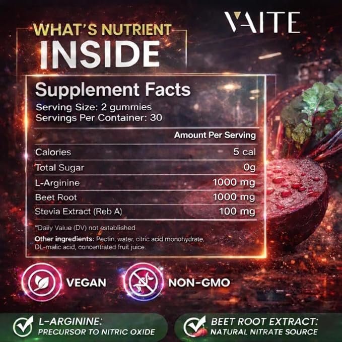 VAITE L Arginine Supplement Beet Root Gummies - Double Strength, Energy Boost, Circulation Support and Stamina, Organic Chewable Beets Supplements for Men and Women, Vegan Gummy, Non-GMO, Sugar-Free