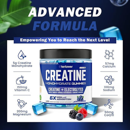 Creatine Monohydrate Gummies 5g – Pre-Workout Energy & Muscle Growth Support for Men & Women | Blueberry Electrolyte Gummies, 120 Count