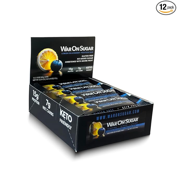War on Sugar Lemon Blueberry - High Protein Bars, No Sugar Added, 15g Protein, 7g Net Carbs, Keto Friendly, Gluten Free, All-Natural Ingredients, Monk Fruit Sweetened, No Crash - 12 Count Box