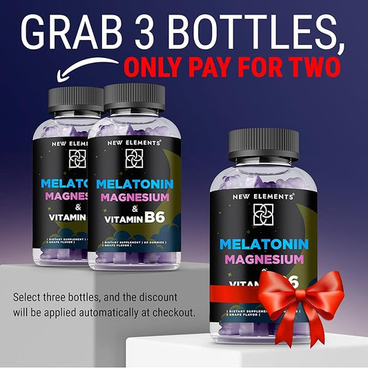 New Elements Melatonin Gummies 10mg with Magnesium Glycinate & Vitamin B6 | Sleep Support, Relaxation & Stress Relief | Non-GMO, Gluten-Free | Great-Tasting | Natural Grape Flavor