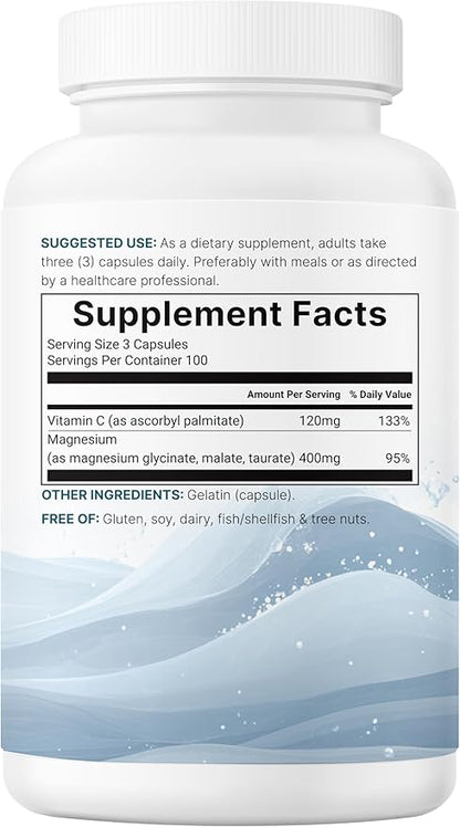 Micro Ingredients Pure Magnesium Complex, 300 Capsules | Triple Magnesium Glycinate, Malate, Taurate with Vitamin C | 100% Chelated | Supports Muscles, Nerves, & Energy | Only Active Ingredients