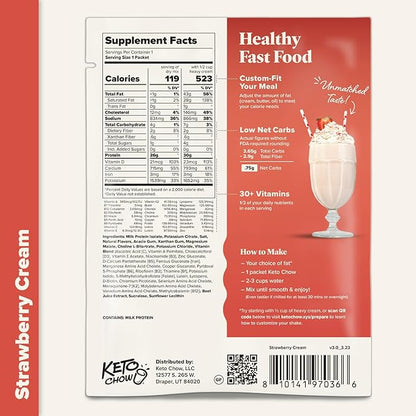 Keto Chow Strawberry Cream - Keto Meal Replacement Shake Powder - Nutritionally Complete - Low Carb - Delicious Easy Meal Substitute - Protein Rich You Choose The Fat - Single Meal Sample