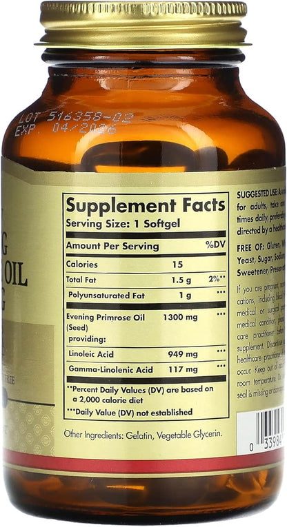 Solgar Evening Primrose Oil 1300 mg, 60 Softgels - Promotes Healthy Skin - Nutritional Support for Women - Non-GMO, Gluten Free, Dairy Free - 60 Servings