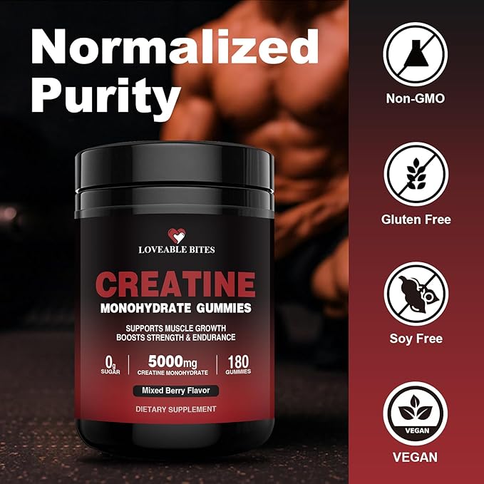 Loveable Bites Creatine Monohydrate Gummies – 5000mg Creatine Gummies for Men & Women | Supports Muscle Strength, Endurance, Energy & Recovery | Sugar-Free, Vegan, Mixed Berry Flavor, 180 Count