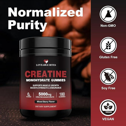 Loveable Bites Creatine Monohydrate Gummies – 5000mg Creatine Gummies for Men & Women | Supports Muscle Strength, Endurance, Energy & Recovery | Sugar-Free, Vegan, Mixed Berry Flavor, 180 Count