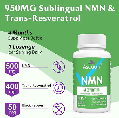 Sublingual NMN 500mg + Trans-Resveratrol 400mg, 3-in-1 Advanced Formula 99% Pure NMN Resveratrol Supplement for Boost* NAD, Cell, Immune, Energy & Muscle, Anti-Aging, 480 Lozenges (480 Days Supply)