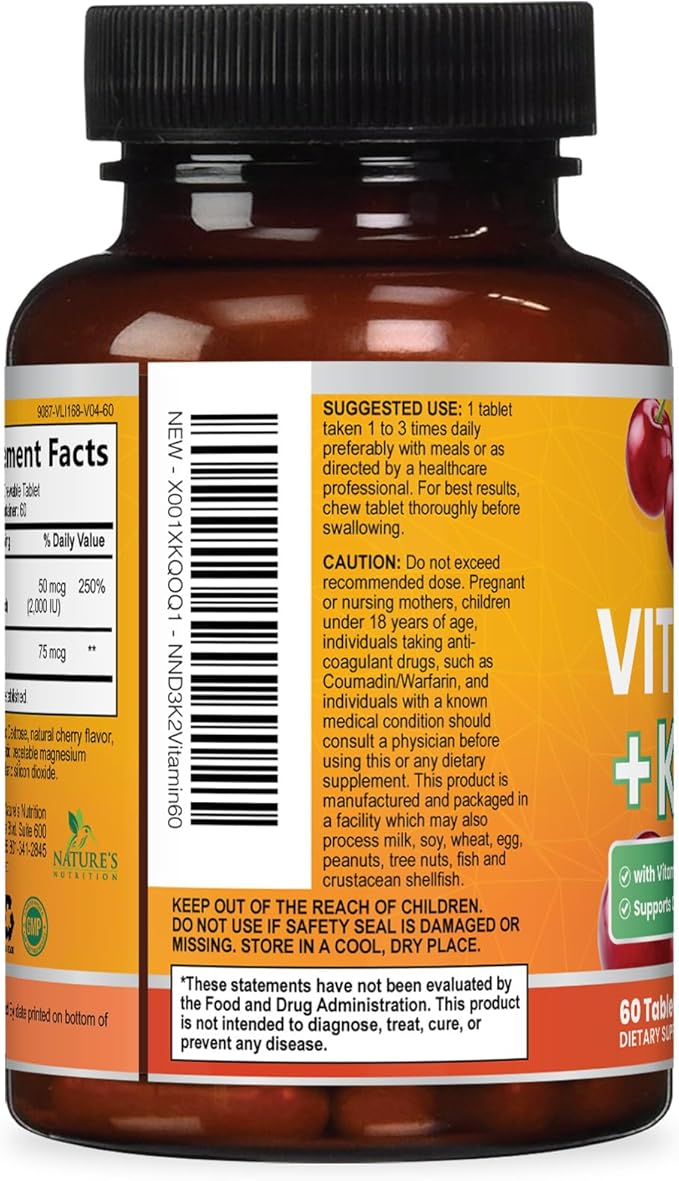 Vitamin D 2000 IU 50mcg Per Tablet - Vitamins D3 & K2 (MK7) Complex Supplement for Bone, Teeth, Muscle, Calcium Absorption, Supports Immune & Heart Health, Chewable Formula USA Bottled - 60 Tablets