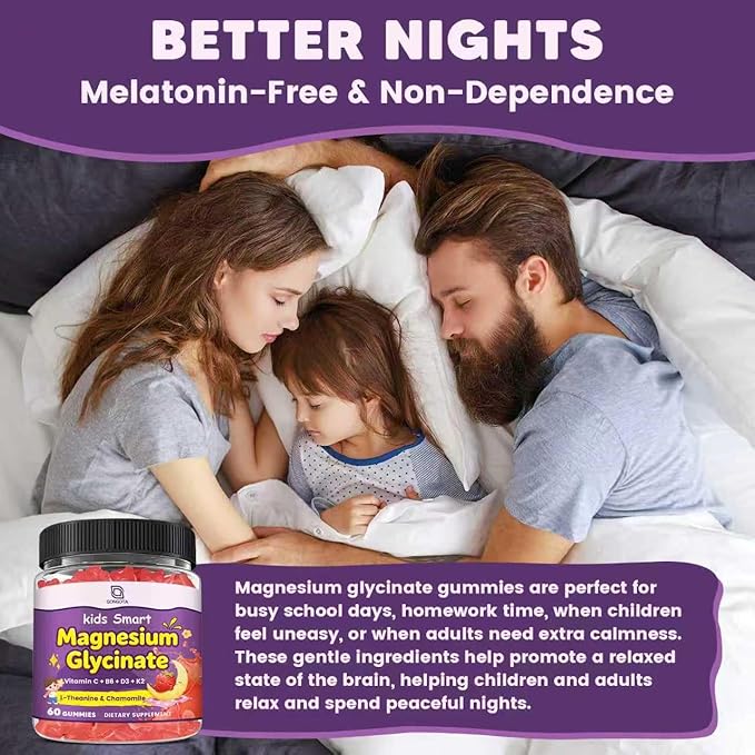 Magnesium Glycinate Gummies for Kids & Adults - 400/200mg Magnesium Supplement with L-Theanine, Chamomile, D3 & K2, Kids Sleep Gummies Melatonin Free, for Zzz & Relax, Cognition - Sugar Free, 60 Ct