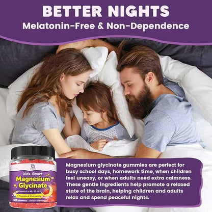 Magnesium Glycinate Gummies for Kids & Adults - 400/200mg Magnesium Supplement with L-Theanine, Chamomile, D3 & K2, Kids Sleep Gummies Melatonin Free, for Zzz & Relax, Cognition - Sugar Free, 60 Ct