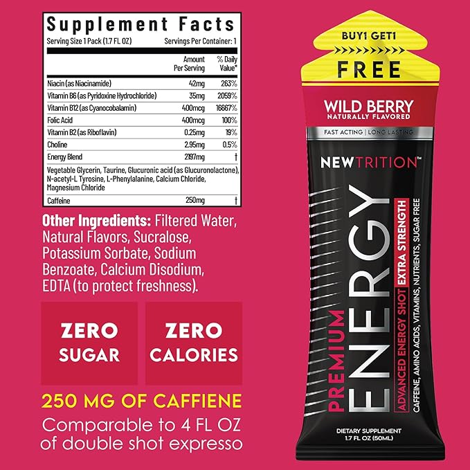 NewTrition® Extra Strength Energy Shots, 1.7 fl oz - 250mg Caffeine with Vitamin B & Amino Acids, Sugar-Free, Zero Calorie Vitamin Energy Drink for Focus & Endurance (Pack of 6, Wild Berry)
