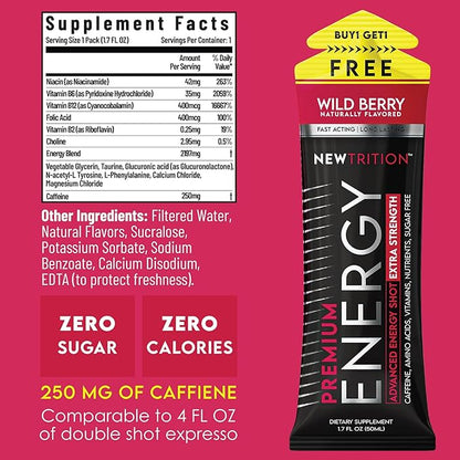 NewTrition® Extra Strength Energy Shots, 1.7 fl oz - 250mg Caffeine with Vitamin B & Amino Acids, Sugar-Free, Zero Calorie Vitamin Energy Drink for Focus & Endurance (Pack of 6, Wild Berry)