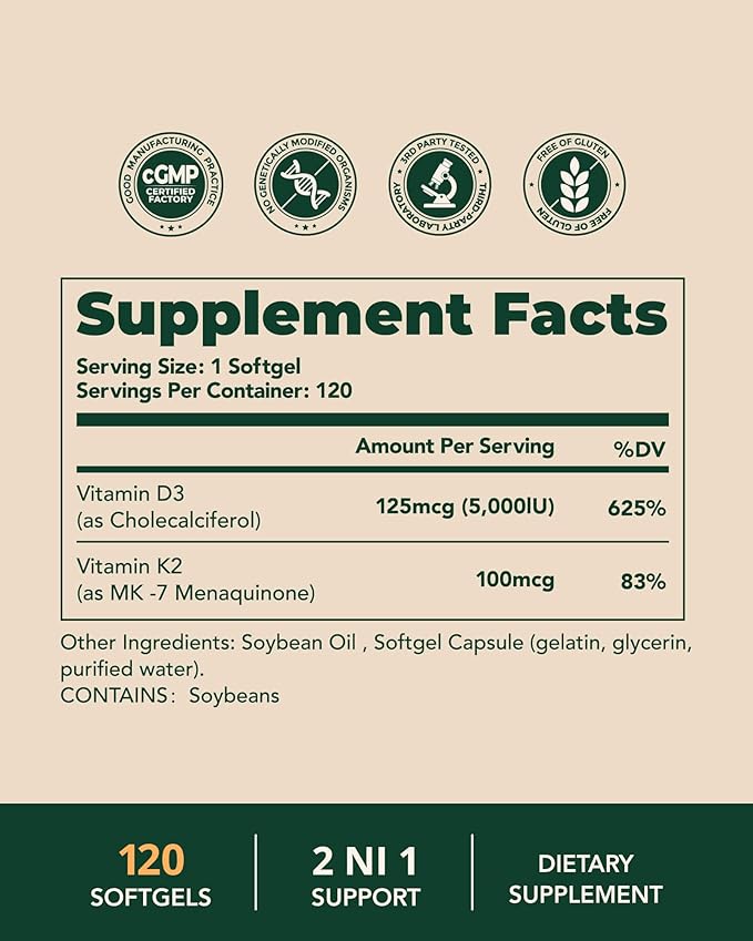 Vitamin D3 K2 5000IU 100mcg MK-7, 120 Softgels, 2-in-1 K2 D3 Vitamin Supplement for Bone Health, Immune Support, Better Calcium Absorption, Easy to Swallow, One Daily, 120 Day Supply