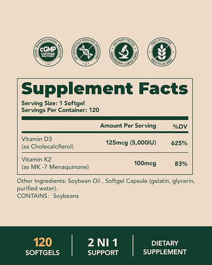 Vitamin D3 K2 5000IU 100mcg MK-7, 120 Softgels, 2-in-1 K2 D3 Vitamin Supplement for Bone Health, Immune Support, Better Calcium Absorption, Easy to Swallow, One Daily, 120 Day Supply