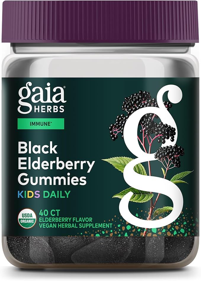 Gaia Herbs Black Elderberry Daily Gummies for Kids - Delicious Immune Support Supplement - Certified Organic Black Elderberries for Immune System Support* - 40 Vegan Gummies (40 Servings)