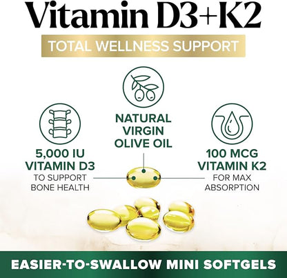 D3 K2 Vitamin - 5000 IU D3 Per Serving - High Potency Vitamin D3 Supplement - Advanced 2-in-1 Complex Vitamin D & Vitamin K2 (MK7) - Easy to Swallow, Bone & Immune Support - USA Bottled - 240 Softgels