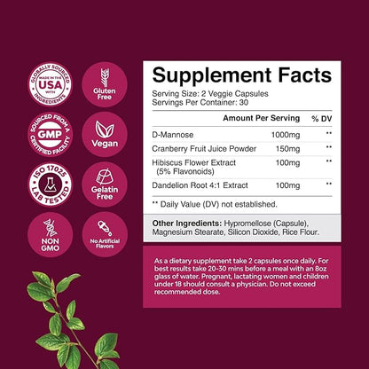 D Mannose Capsules for Urinary Tract Health - High Potency D-Mannose with Cranberry Juice Powder & Dandelion for Urinary Tract Health for Women Fast Acting Super Concentrated Cranberry - 60 Count