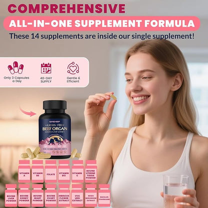 Beef Organ Supplement for Women, Beef Liver, Kidney, Heart & Uterus Tissue, with Multivitamins, Folate & Herbal Extracts – Balance Hormones, Support PMS & Energy, Grass Fed,Pasture Raised,120 Capsules