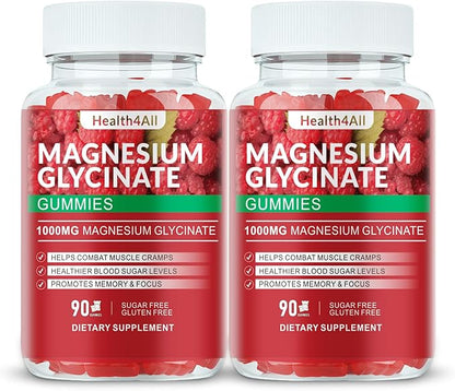 Magnesium Glycinate Gummies 1000mg, High Absorption Sugar Free Magnesium Potassium Supplement for Relaxation, Stress Relief, and Sleep Support for Adults & Kids - 180 Raspberry Gummies