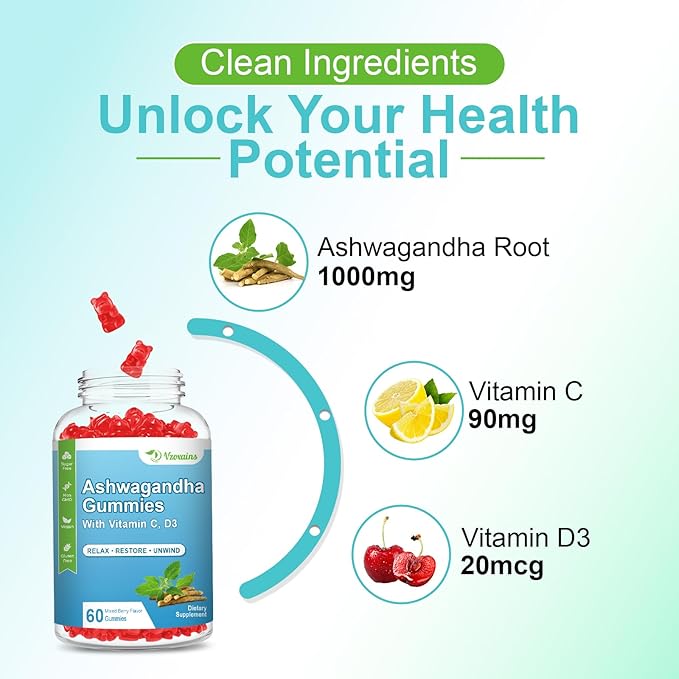 2 Pack Ashwagandha Gummies with Vitamin D for Women & Men, Sugar Free Vegan Ashwagandha Supplement Gummy & Vitamin C, 60 Count