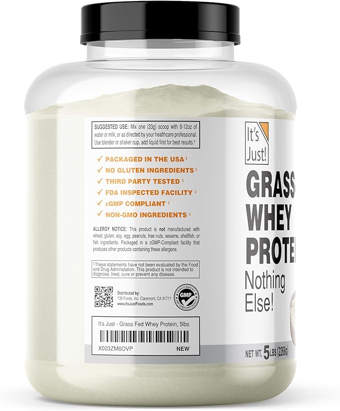It's Just! - 100% Whey Protein Concentrate, Grass-Fed Pasture Raised, Made in Australia, RBST/rBGH Hormone Free, Premium WPC-80, No Added Flavors (Grass-Fed Unflavored, 5 Pound)